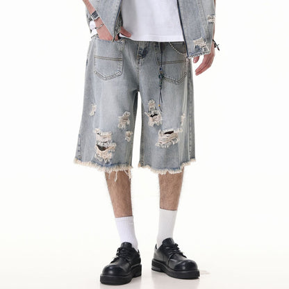 Washed Damage Wide Leg Denim Short Pants WN25596