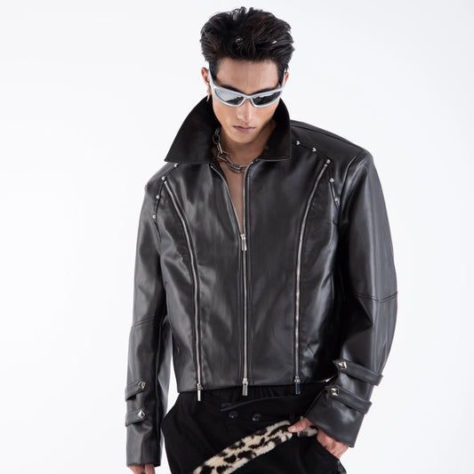 Rivet Multi-Zipper Shoulder-Pad Standing-Collar PU Leather Jacket WN20661