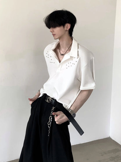 Studs Design Plain Collar Oversize Short Sleeve Polo Shirt WN20358