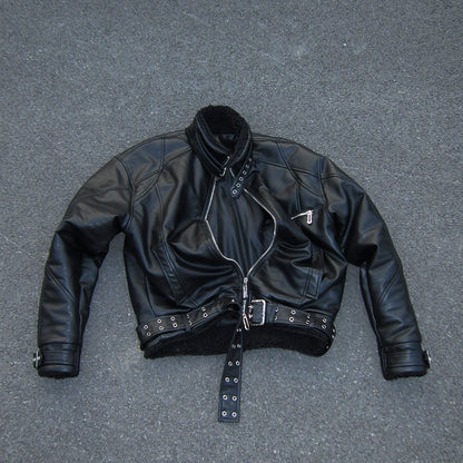 Stand Neck Zipper Panel PU Leather Jacket WN27450