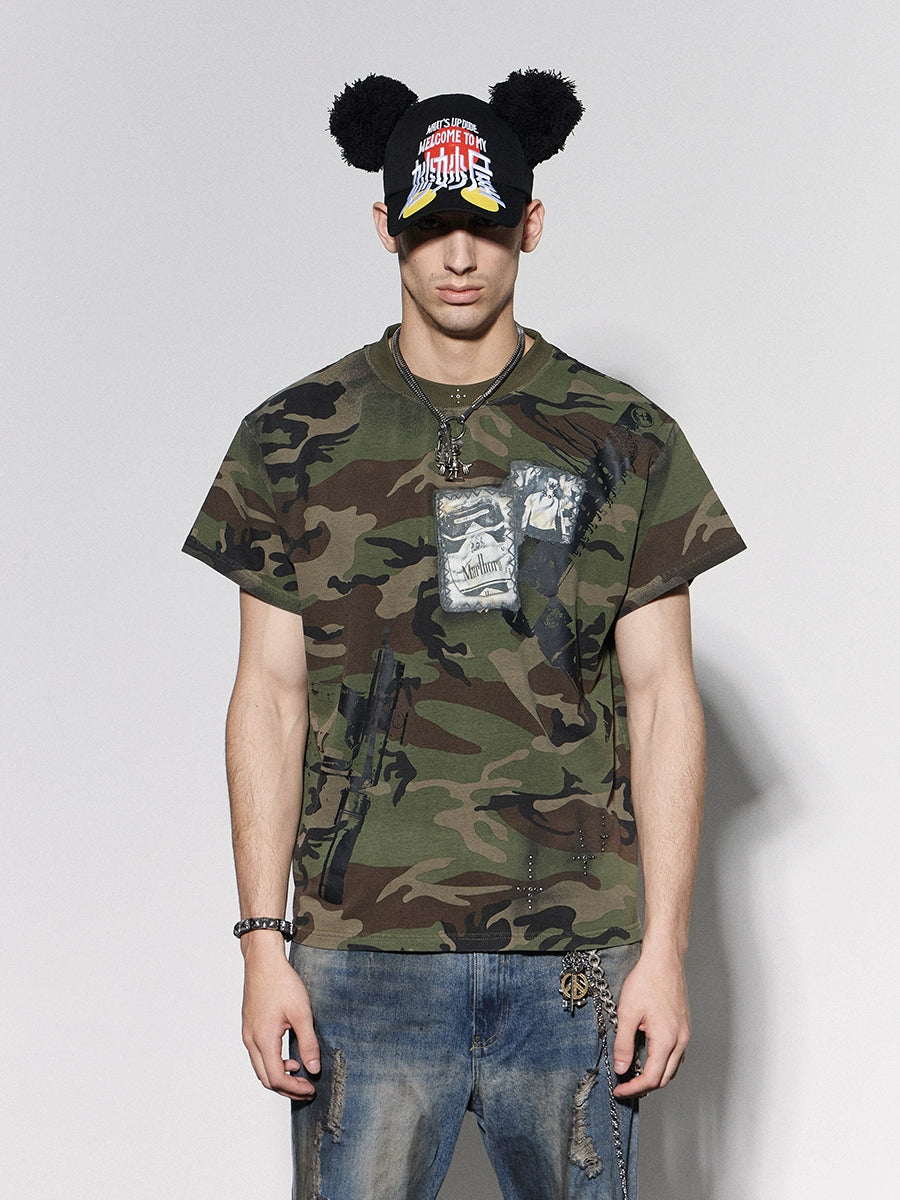 Cross Rhinestone Graphic Print Camouflage Short Sleeve T-Shirt WN17095