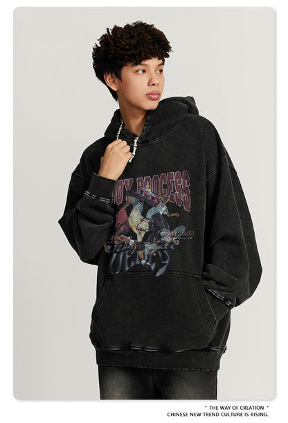 Washed Oversize Skateboard Print Hoodie WN7819