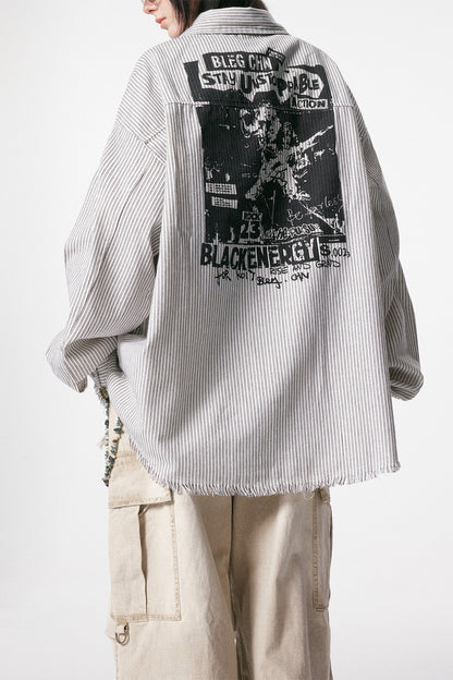 Graphic Print Stripe Frayed Long Sleeve Shirt WN23042