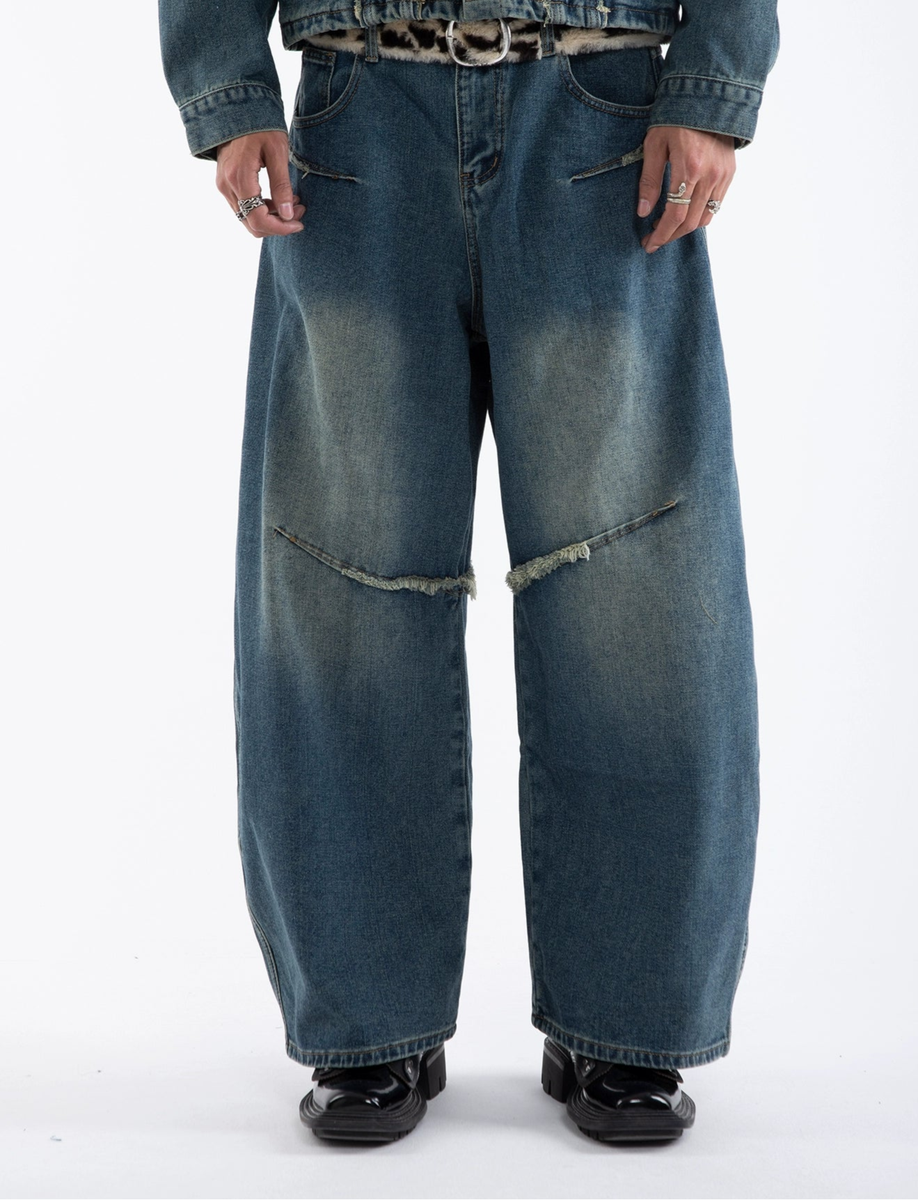 Raw Hem Fringe Damage Washed Denim Jacket & Wide Leg Denim Jeans Setup WN20659