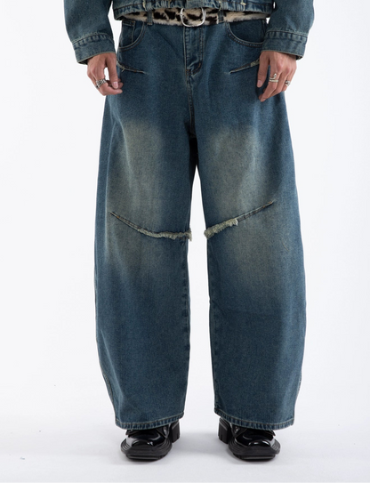 Raw Hem Fringe Damage Washed Denim Jacket & Wide Leg Denim Jeans Setup WN20659