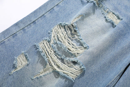 Wash Damage Straight Wide Leg Denim Jeans WN25646