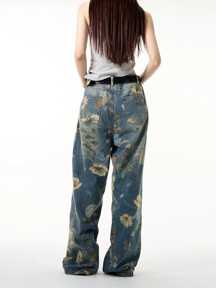 Floral Print Wide-Leg Straight Denim Jeans WN7630