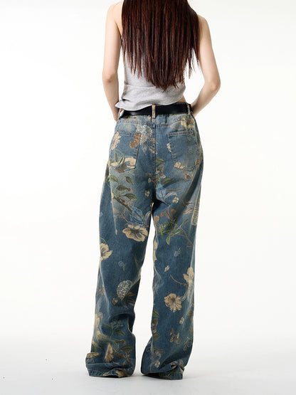 Floral Print Wide-Leg Straight Denim Jeans WN7630