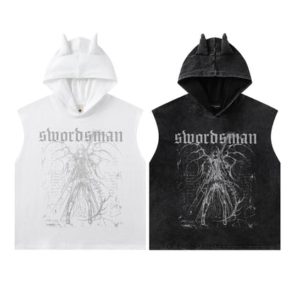 Washed Graffiti Print Sleeveless Hooded Tank Top WN15054