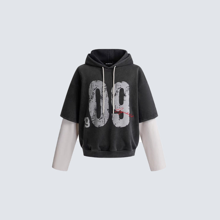 Washed Fake Layered Number Graphic Hoodie WN28120