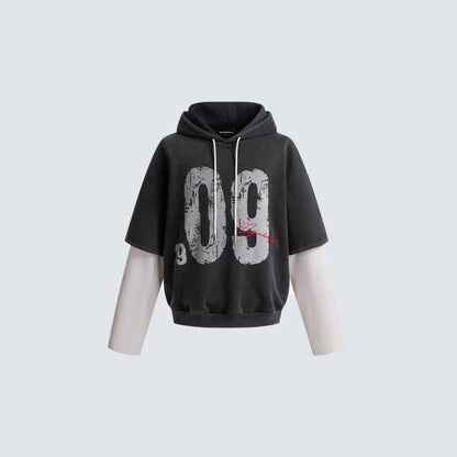 Washed Fake Layered Number Graphic Hoodie WN28120