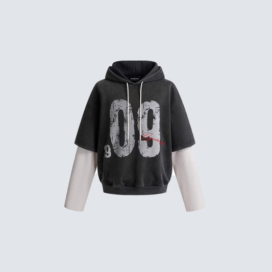 Washed Fake Layered Number Graphic Hoodie WN28120