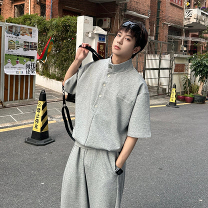 Standing-Collar Button Short Sleeve T-Shirt & Wide Leg Sweatpants Setup WN25303