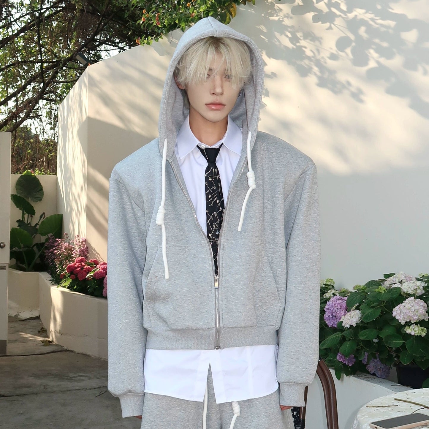 Drawstring Zipper Hoodie & Wide-leg Sweatpants Setup WN19870