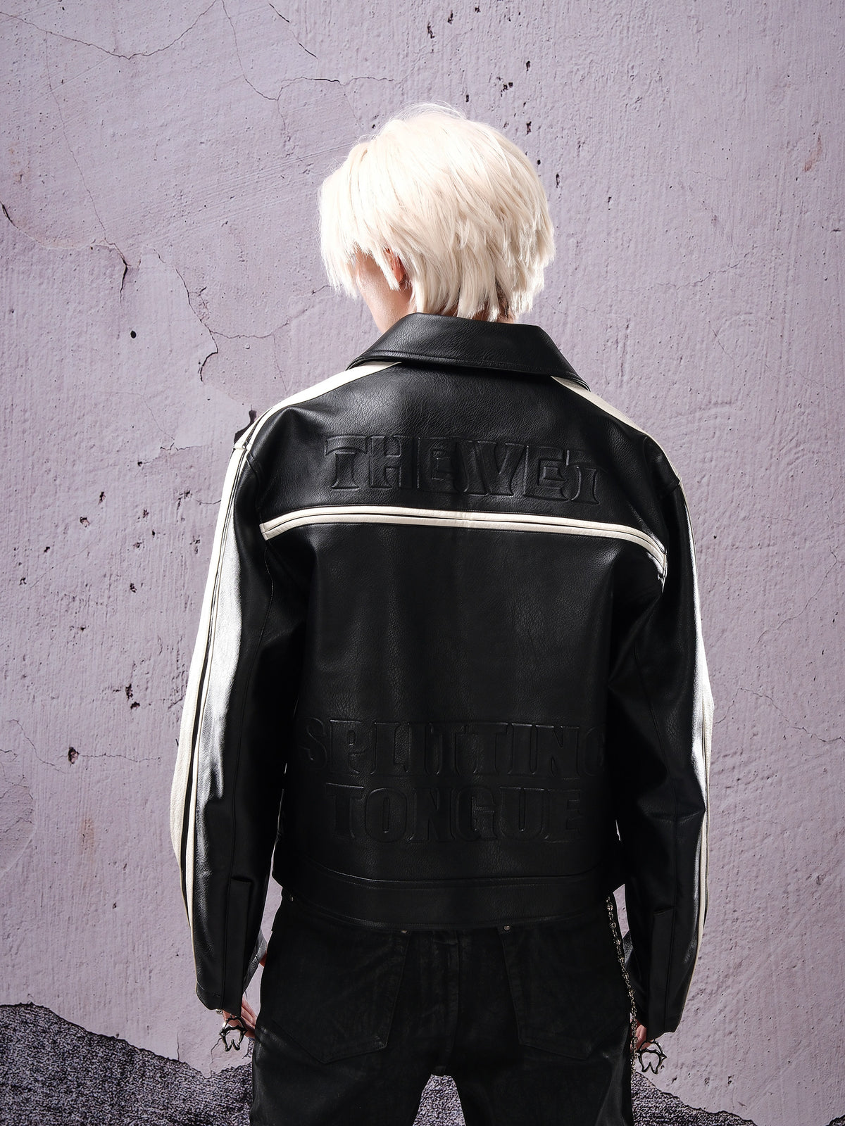 Stripe Embossed PU Leather Jacket WN26663