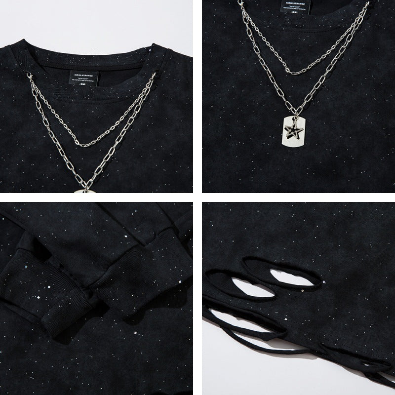 Starry Necklace Raw Hem Damage Long Sleeve T-Shirt WN11216