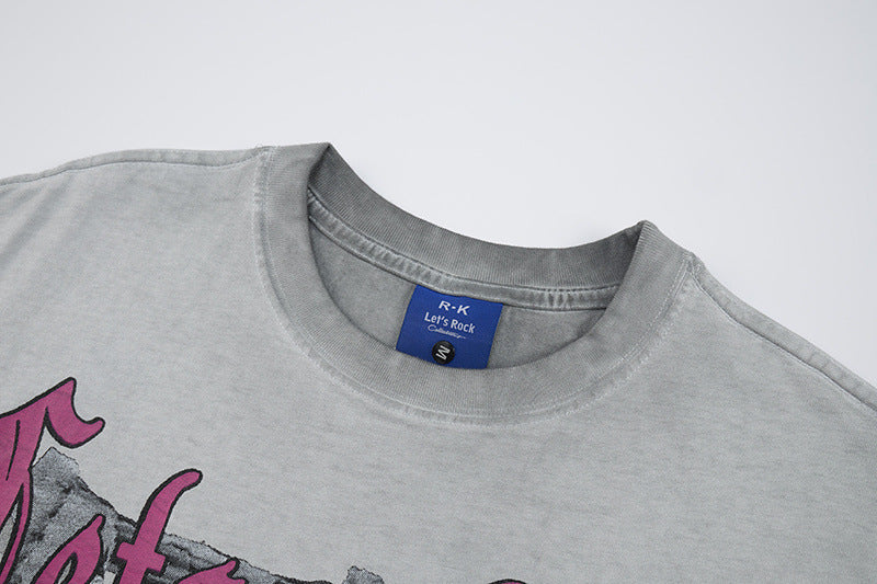 Washed Portrait Letter Print Short Sleeve T-Shirt WN25764