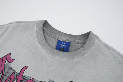 Washed Portrait Letter Print Short Sleeve T-Shirt WN25764