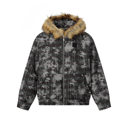 Fake Fur Collar Lamb Fleece Plaid Puffer Jacket WN21884