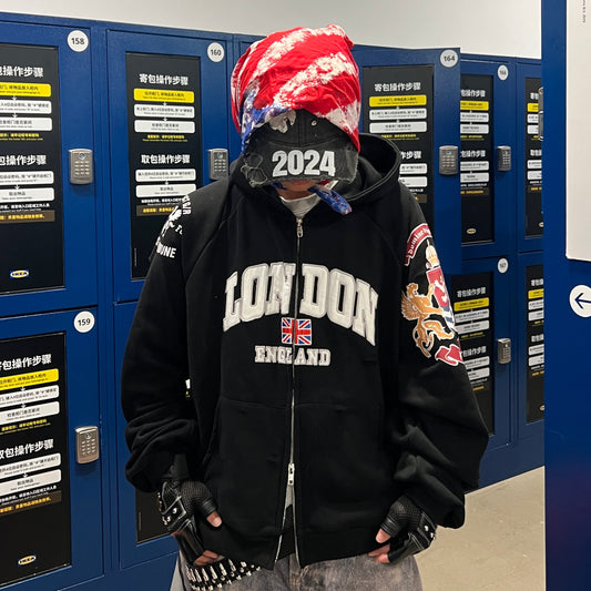 Graphic Print Embroidery Oversize Zipper Hoodie WN24033