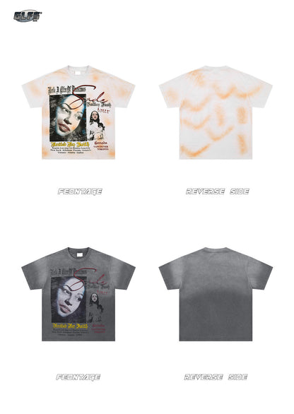 Washed Portrait Graphic Letter Print Short Sleeve T-Shirt WN26440