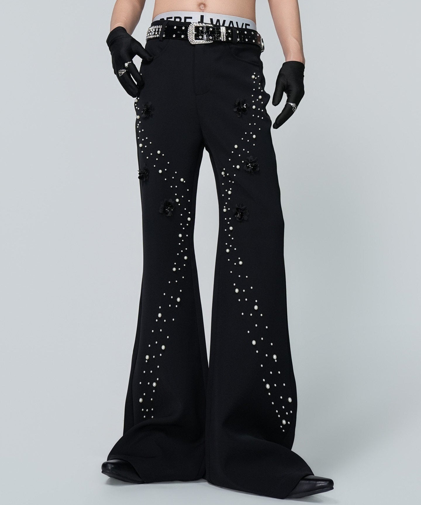Rhinestone Flower Detail Flare PaTrousers WN24309