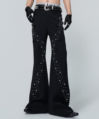 Rhinestone Flower Detail Flare PaTrousers WN24309