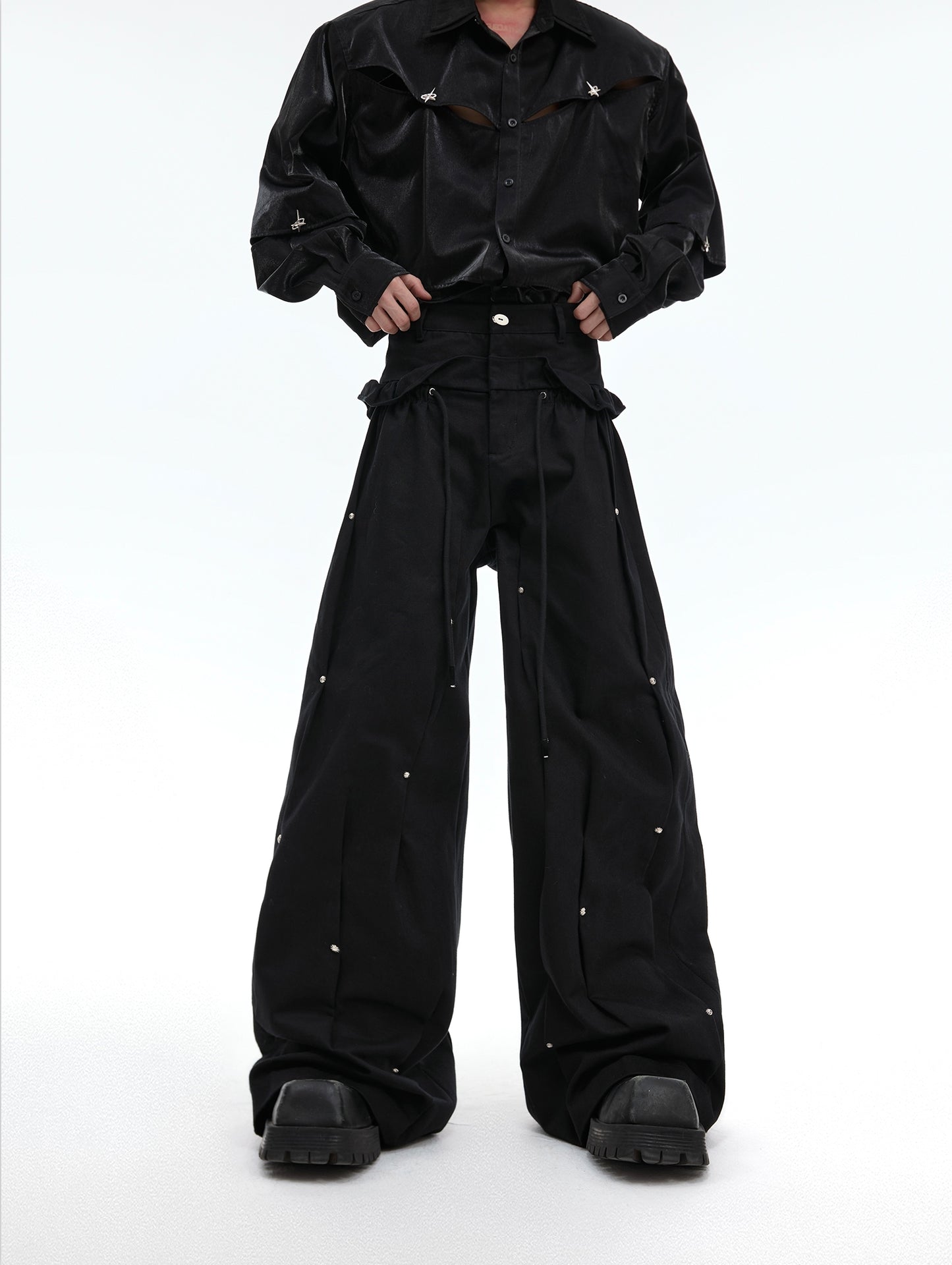 Deconstruction Pleated Metal Rivet Wide Leg Trousers WN8036