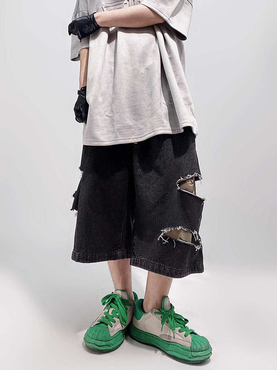 Damage Wide Leg Denim Half Jeans WN24013