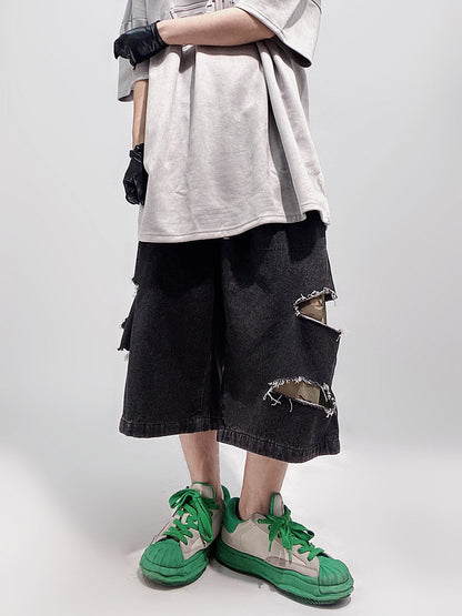 Damage Wide Leg Denim Half Jeans WN24013