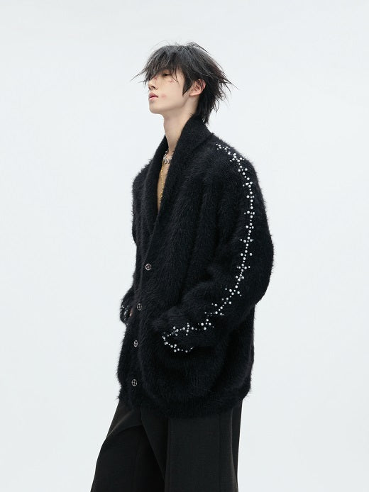 Fake Fur Heavyweight Beads Decor Knit Cardigan WN22613