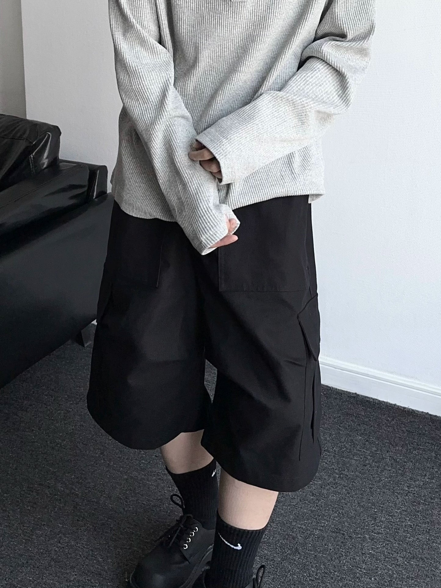 Washed Multi-Pocket Wide Leg Cargo Half Pants WN19356