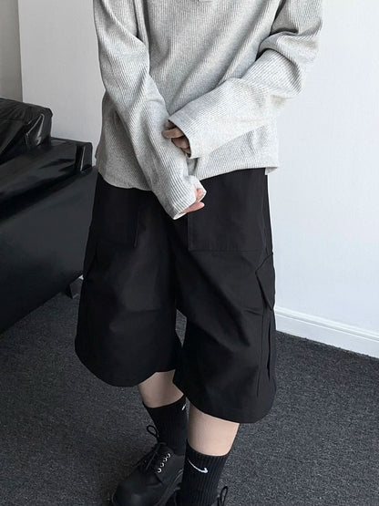 Washed Multi-Pocket Wide Leg Cargo Half Pants WN19356