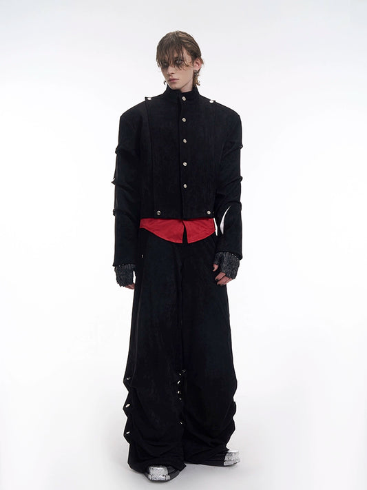 Black Suede Short Ruched Jacket & Wide Leg Trousers Setup WN13238