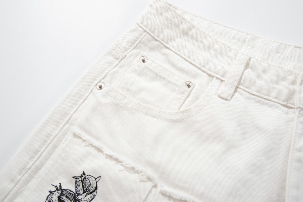 Deconstructed Sketch Applique Print Wide Leg Denim Jeans WN27884