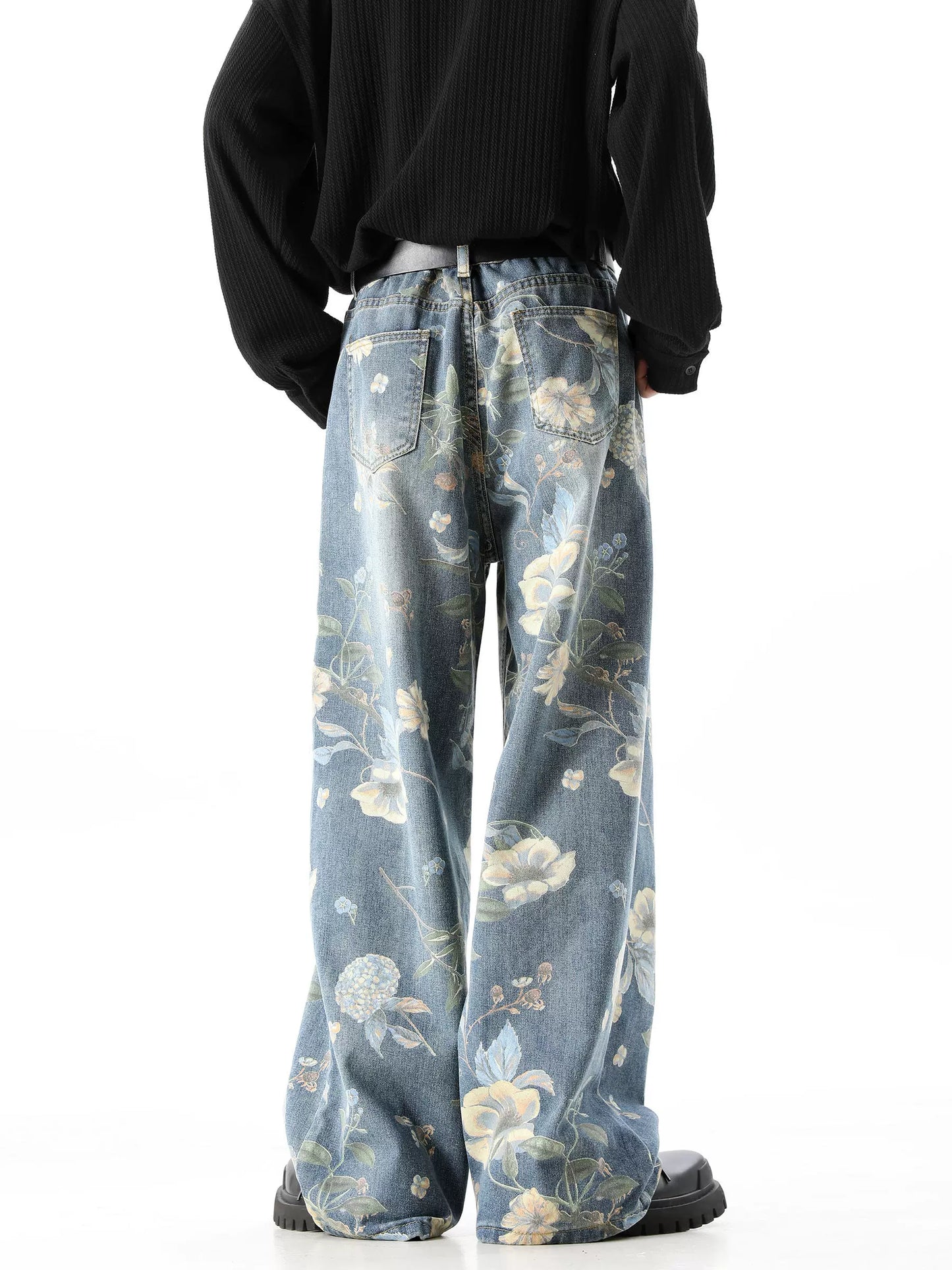 Flower Print Wide-Leg Straight Denim Jeans WN10501