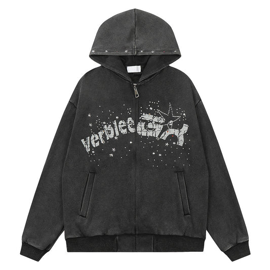 Star Graphic Print Zip-Up Zipper Hoodie WN23563