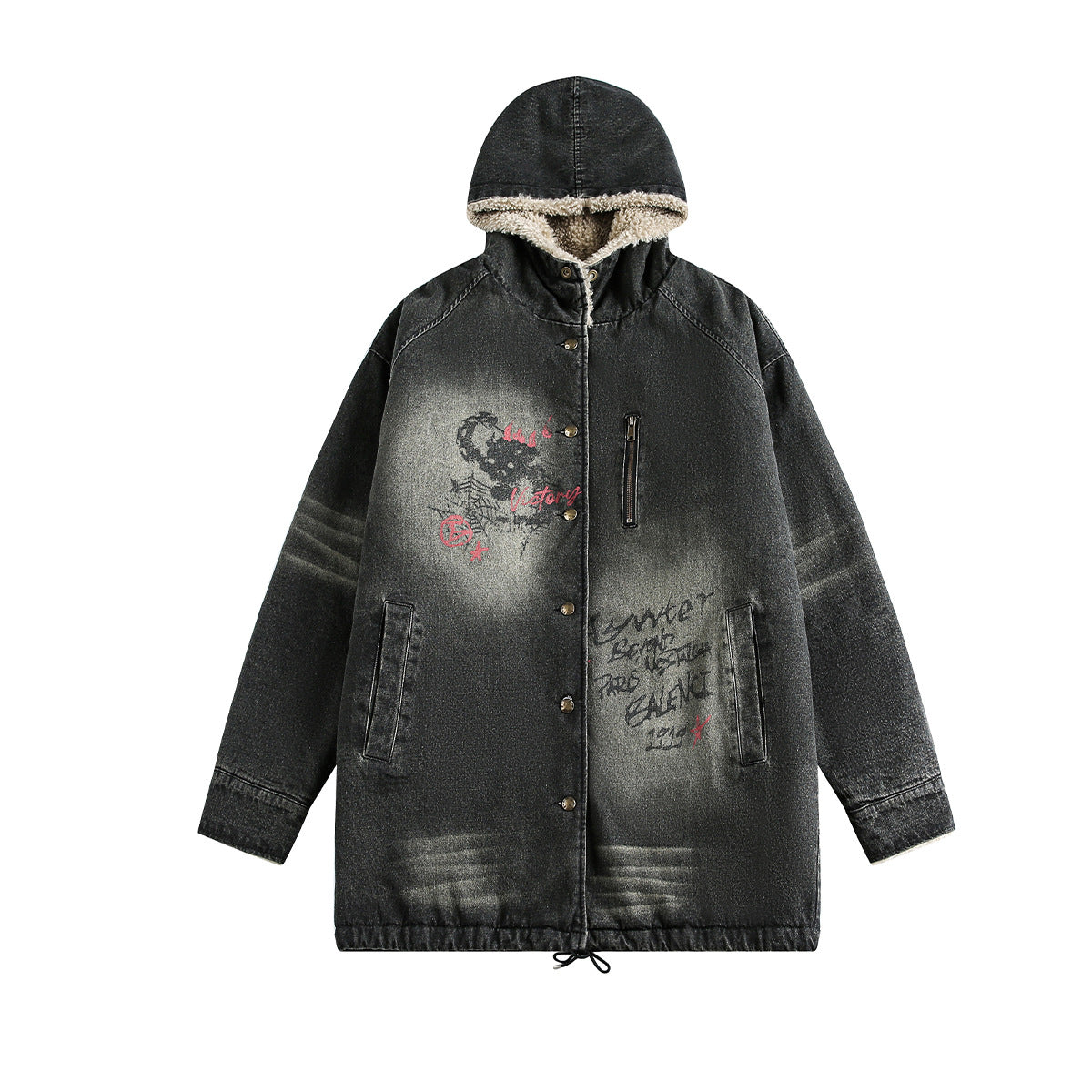 Graffiti Print Washed Denim Fleece Lining Jacket WN21901
