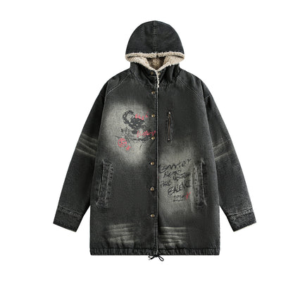 Graffiti Print Washed Denim Fleece Lining Jacket WN21901
