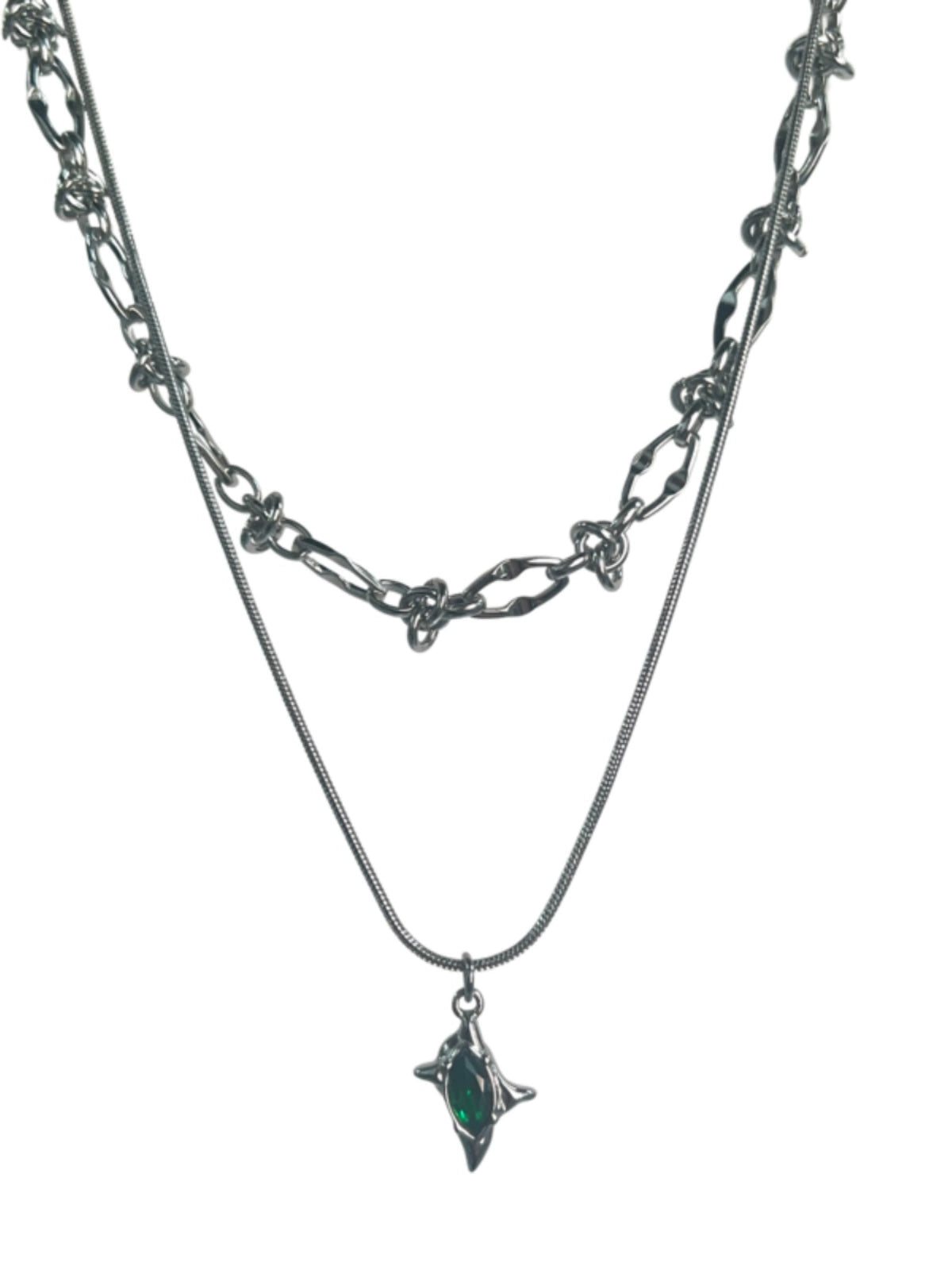 Double Layer Green Meteor Thorn Titanium Steel Necklace WN19260