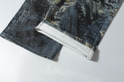 3D Graffiti Print Washed Wide Leg Denim Jeans WN18595
