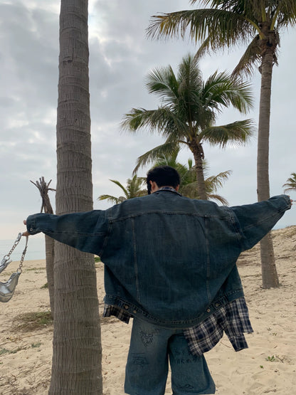 Plaid Patchwork Oversize Denim Jacket WN19769