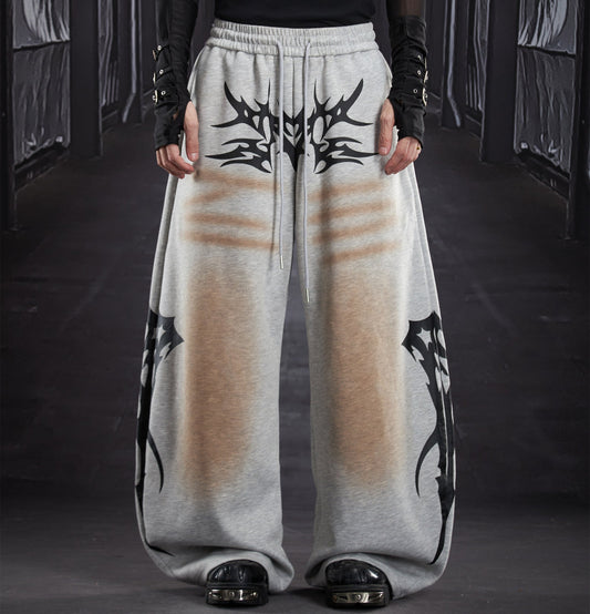 Totem Print Color Block Wide Leg Curved Leg Swewatpants WN22816