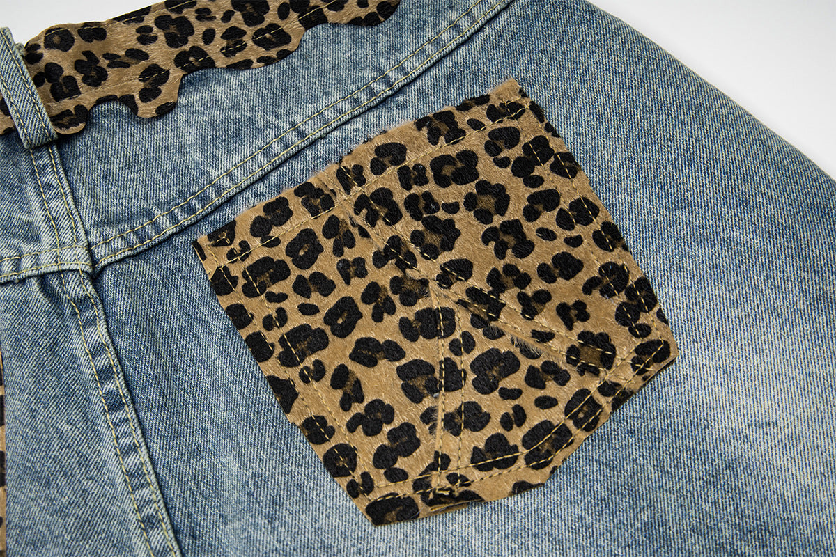 Leopard Print Damage Half Denim Jeans WN25462