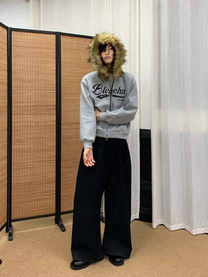 Fake Fur-Collar Letter Embroidery Hoodie WN22241