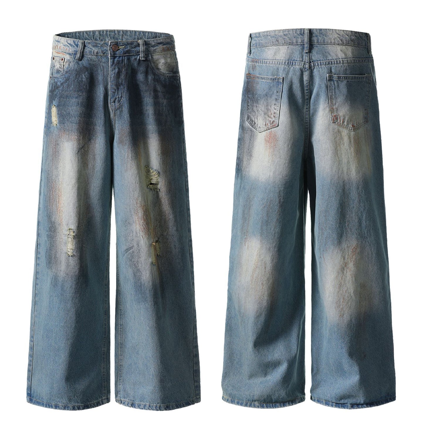 Dirty Dye Damage Design Wide-Leg Denim Jeans WN15087