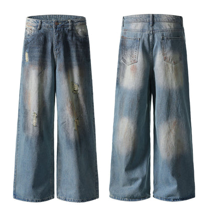 Dirty Dye Damage Design Wide-Leg Denim Jeans WN15087