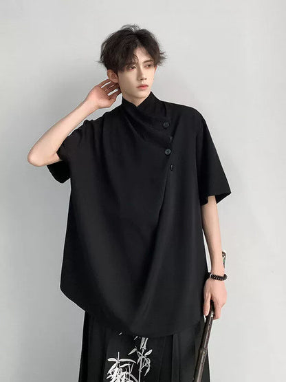 Chinese Style Asymmetrical Button Short Sleeve Shirt WN19319