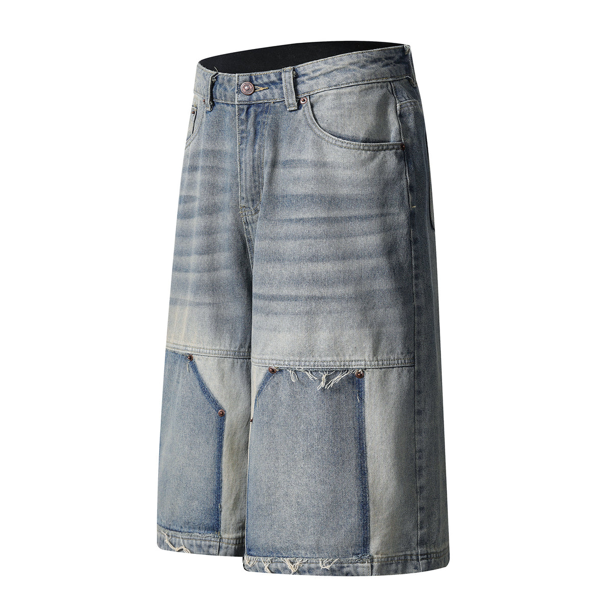 Washed Patchwork Raw Edge Cropped Denim Pants WN26827