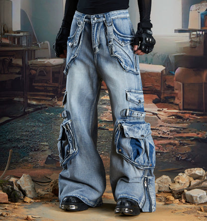 Splicing Multi-Pocket Washed Damage Cargo Denim Jeans WN21334